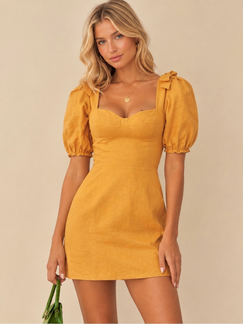 REFORMATION Spring Bow Sleeve Dress NEW Gold Size 4